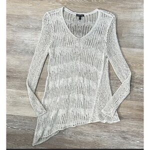 Eileen Fisher Sz S Beige Gray Asymmetrical Hem Open Knit Linen V Neck Sweater